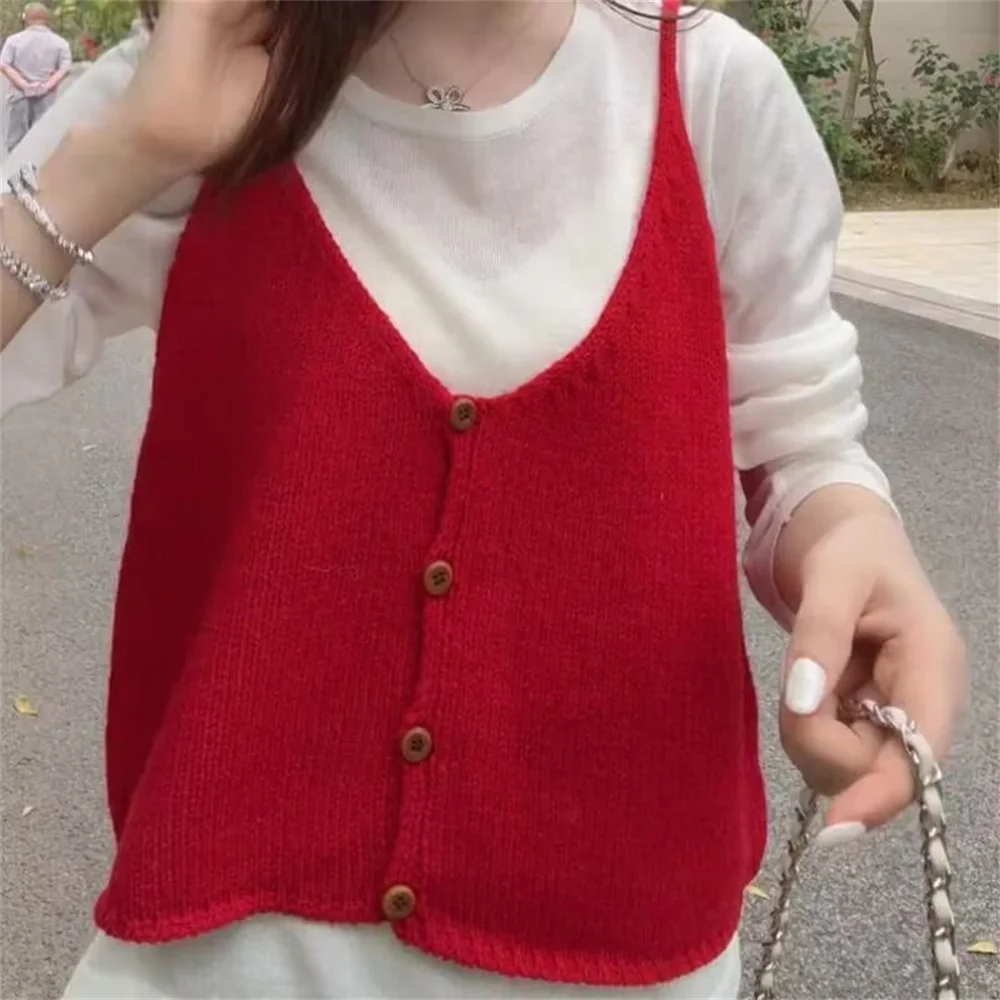 Elegant Ladies Short Sweater Vest Spring Autumn V-neck Sleeveless Black Knitted Top  Girls Clothes