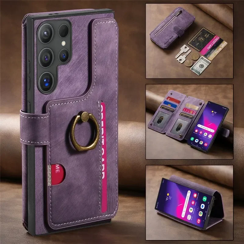 

Zipper Card Slot Wallet Leather Case For Samsung S25 Edge S24 FE S23 Ultra S22 Plus S21 S20 FE Flip Ring Holder Shockproof Cover