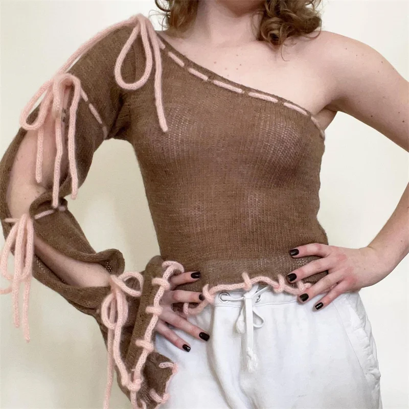 セクシーなワンショルダーロングスリーブボウノットレースアップセーター女性用プルオーバーシアーニットクロップトップ水着ビーチビキニカバーアップ