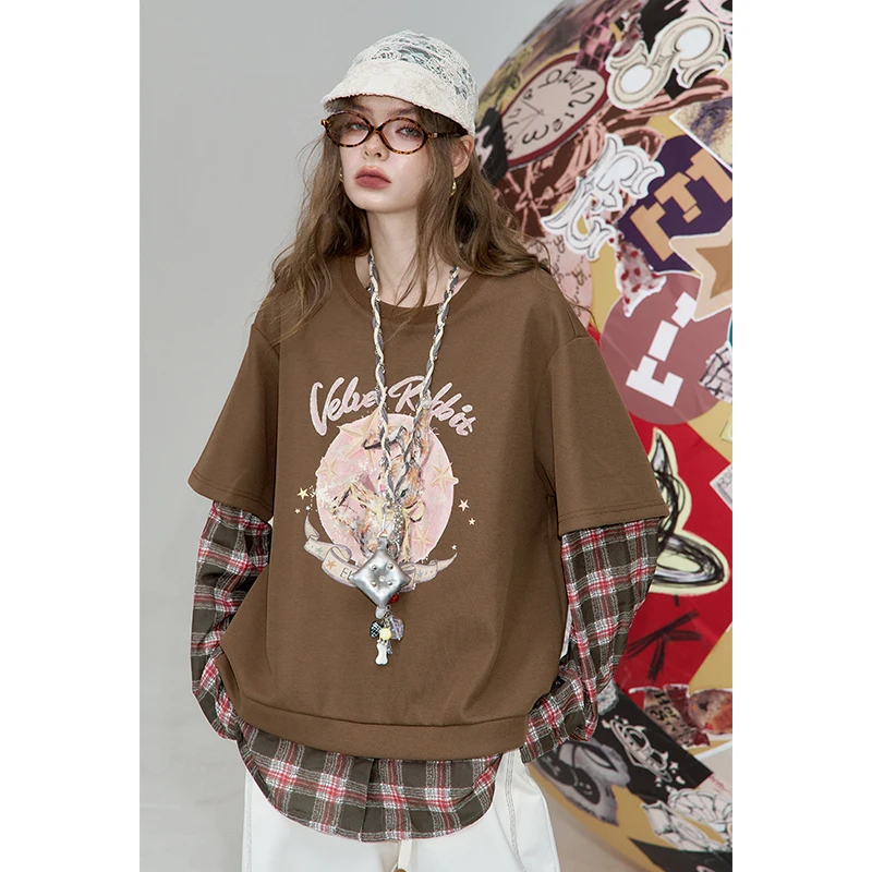 ELFSACK 2025 Autumn New Arrival Steatwear Graphic Checkered Patchwork Sweatshirt For Woman