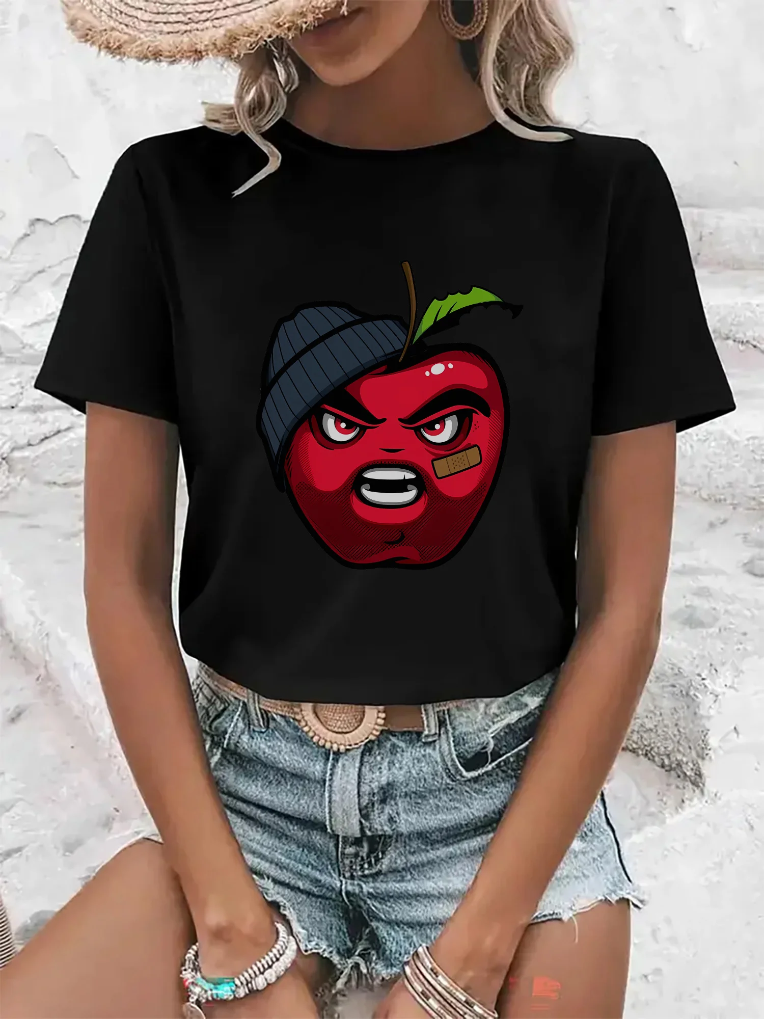 

Женская черная футболка с принтом Angry Apple, дышащая, эластичная, с круглым вырезом, для повседневной носки и занятий спортом, эстетичная одежда