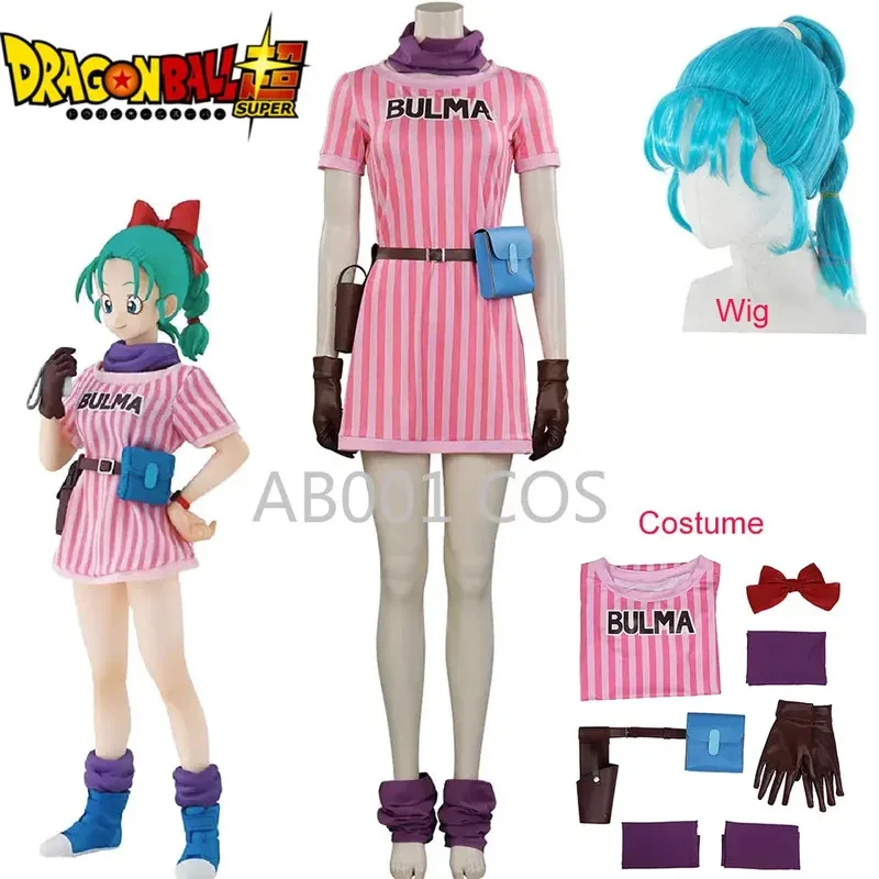

Bulma Cosplay Costumes Female Anime Character Uniform Rosa Striped Dress Halloween Carnival Costumes
