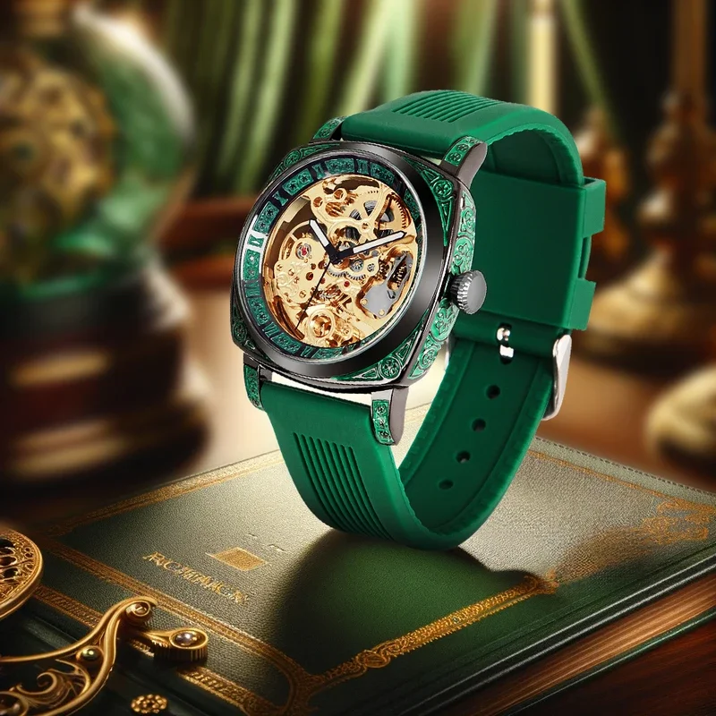 New carved mechanical watch with hollow out glowing green silicone strap, classic fully automatic men\'s mechanical watch