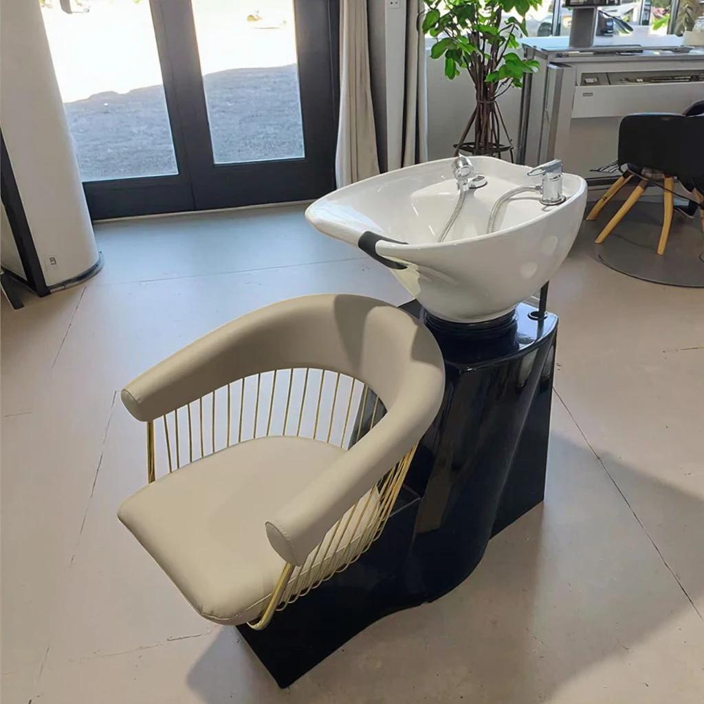 Unique Design Hair Salon Furniture Reclining Washing Chair Luxury Head Spa Shampoo Chair with White Ceramic Basin