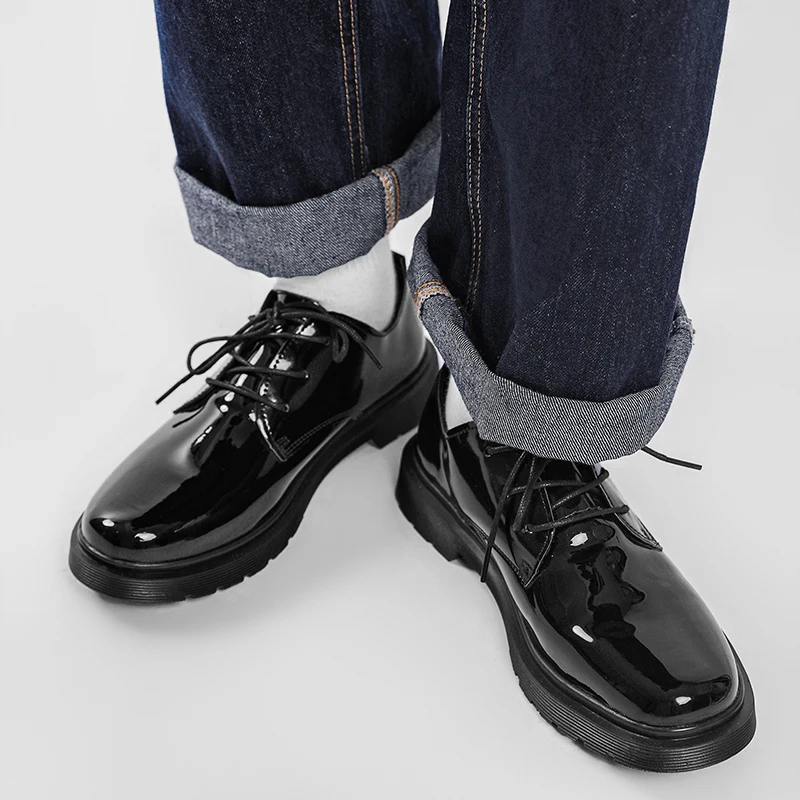 Classic Business Thick Soled Casual Derby Men Shoes Mirror Simple Height Increasing Commuting  Office Fashionable Shoes