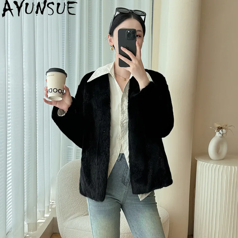 AYUNSUE แจ็คเก็ตขนสัตว์มิงค์ธรรมชาติผู้หญิง V คอยาวแขนยาวเสื้อขนสัตว์จริงสำหรับผู้หญิงเสื้อผ้าทั้งมิงค์คุณภาพสูงอับริโก มูเยร์