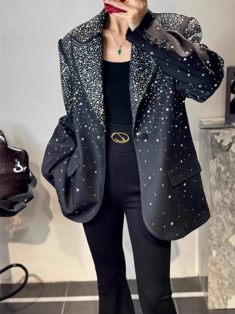 Giacca da abito da donna da ufficio primaverile Moda vestibilità ampia con diamanti Design Blazer neri Top manica lunga Nuove donne Capispalla elegante