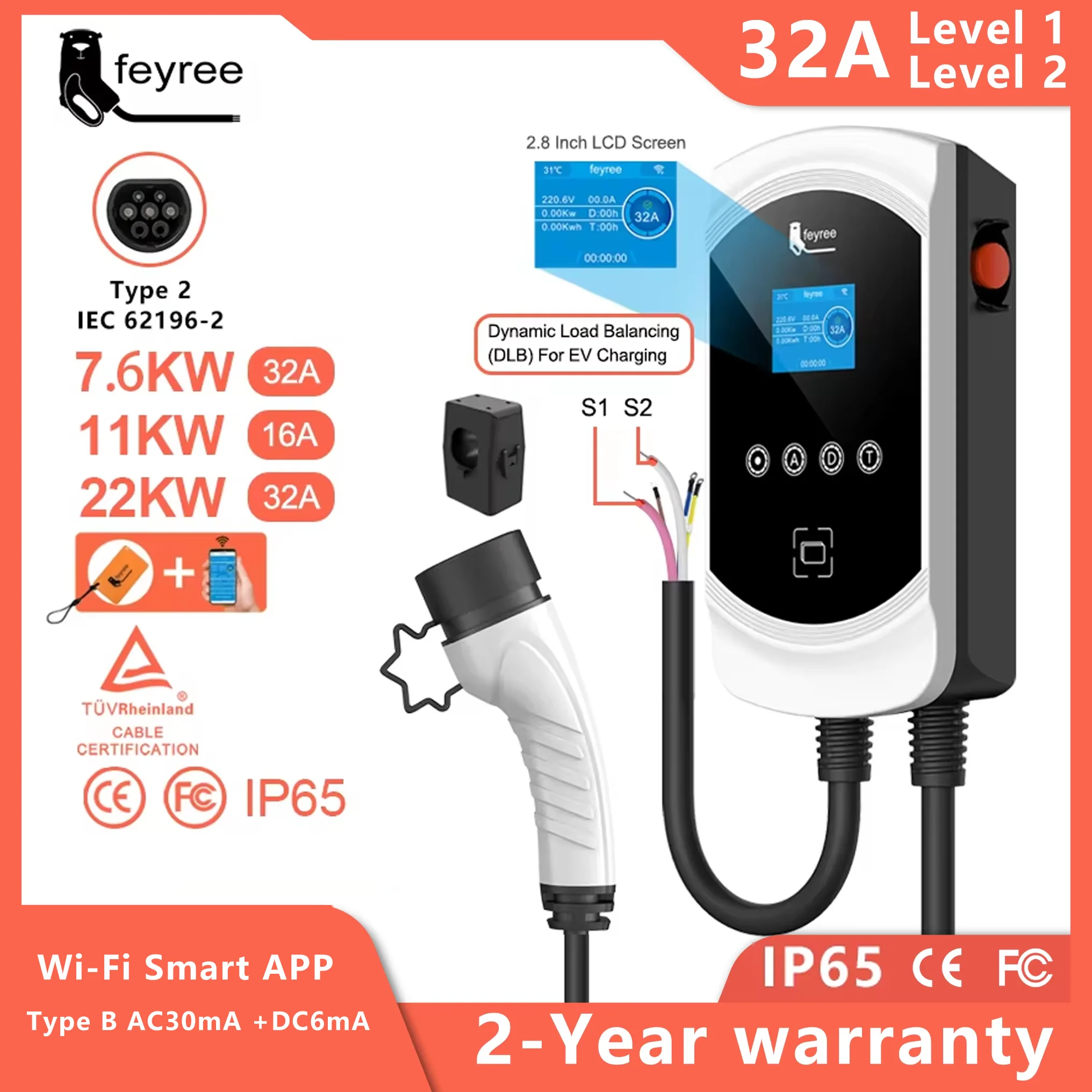 feyree EV Charger Type2 Cable 32A 7.6KW Dynamic Load Blancing EVSE Wallbox APP Function 11KW 22KW Charging Station Electric Car