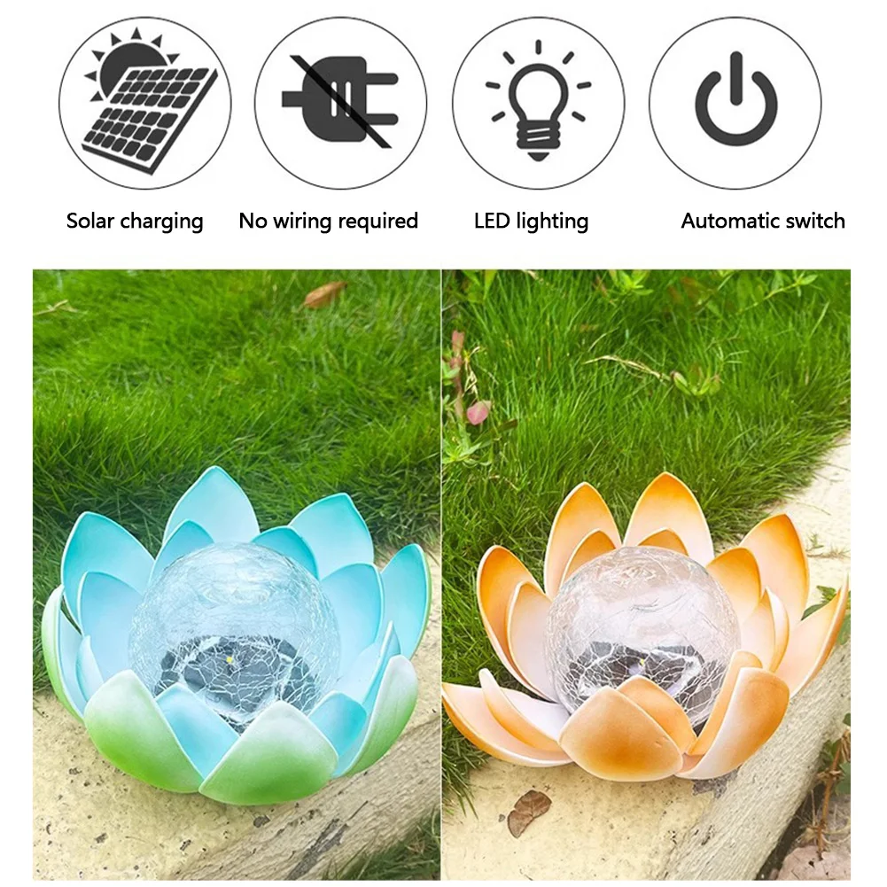Solar Powered Lotus Cracked Glass Ball Lamp 600mAh Decorative Cracked Ball Lotus Light Auto On for Home Yard Decor