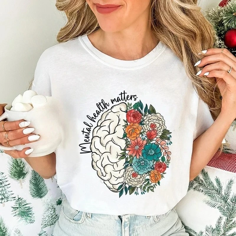 2026 Mental Health Shirt School Psychologist T-Shirts Inspirational Tees Mental Health Awareness Tops Cute Brain Women's T-Shirt