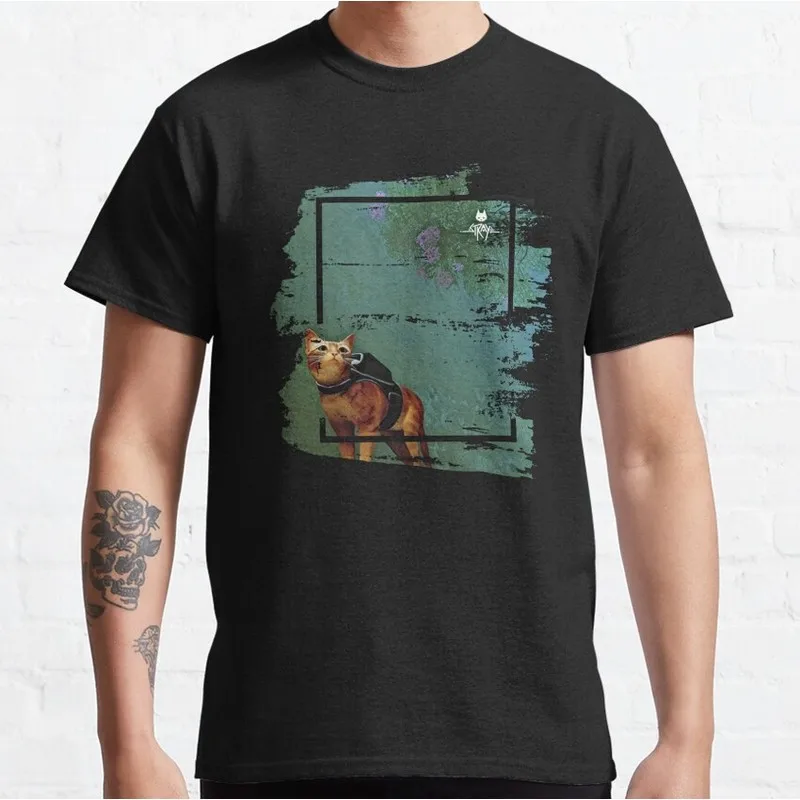 Stray Video Game Cat Graphic T‑Shirt O‑Neck Short Sleeve Unisex Tees Cyberpunk Stray Cat Print Casual Streetwear For Gamer Fans