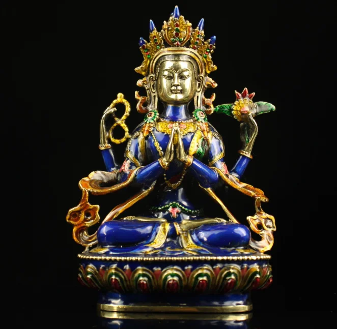 21cm Tibetan Pure Copper Cloisonne Enamel Color Four Arms Guanyin Bodhisattva Buddha Statue