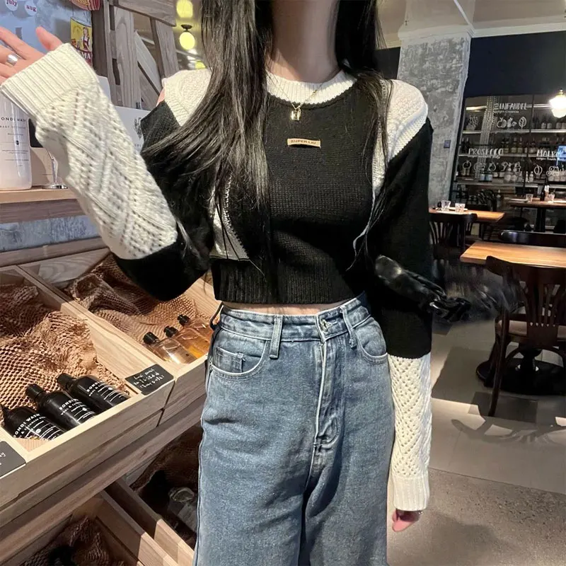 Patchwork Contrasting Colors Sweaters Female Clothing Fashion Off Shoulder Autumn Winter Slim Korean Round Neck Knitted Jumpers