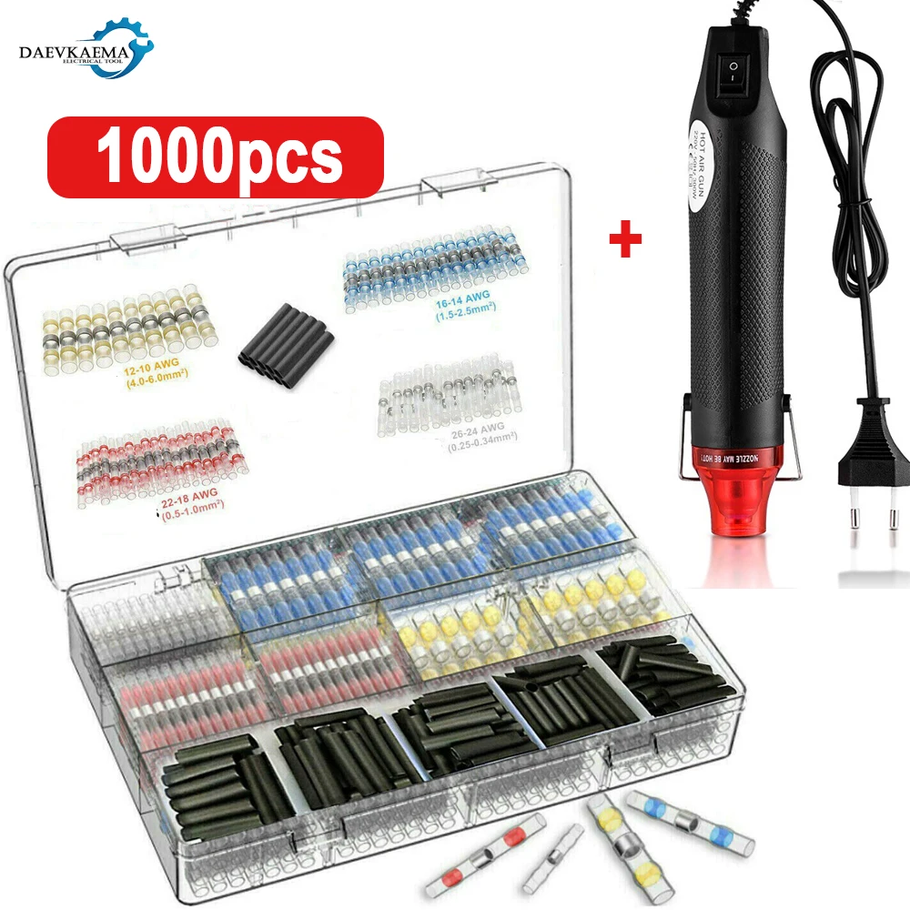 

100/1000PCS Solder Seal Wire Connectors Heat Shrink Solder Butt Connectors Kit Automotive Marine Insulated with 300W Hot Air Gun