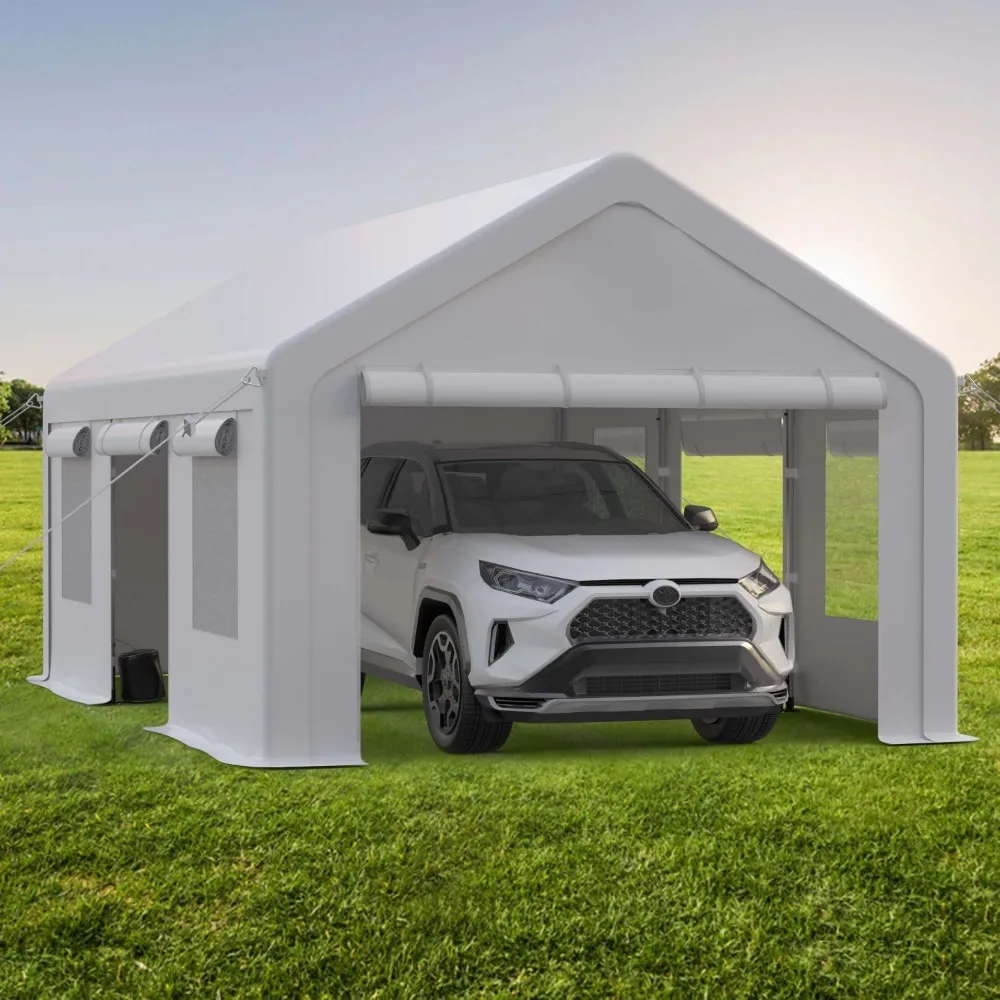 

10x20FT Portable Garage, 10'x20' Carport Heavy Duty, Galvanized Frame & 180 g PE Waterproof Canopy, with 4 Doors (Included 2 Sid