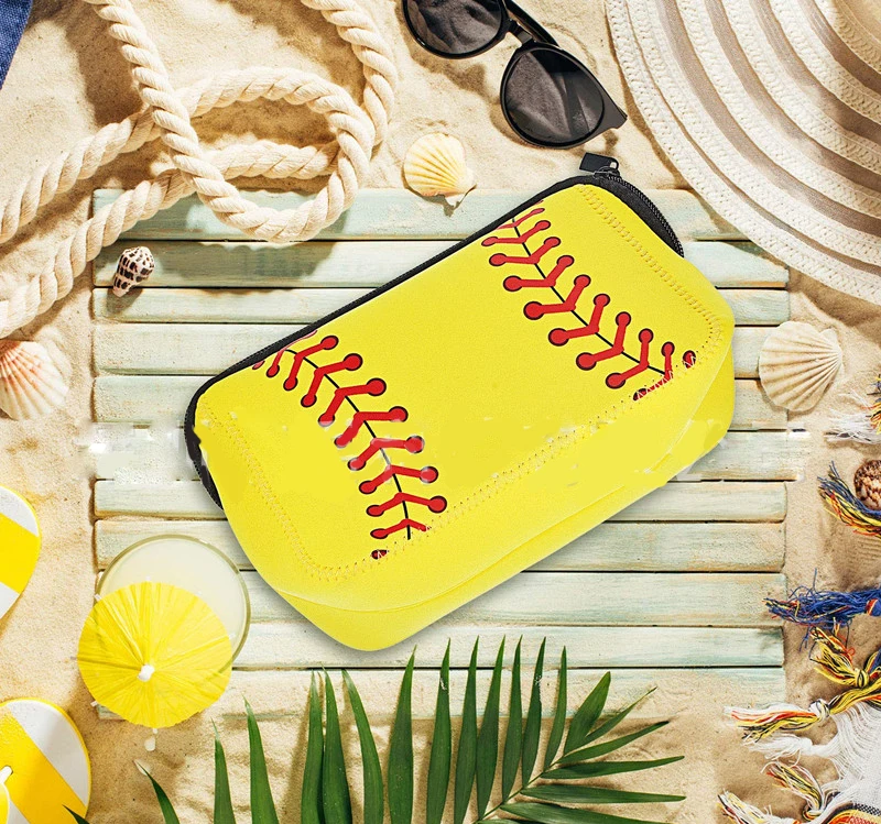 Tas kosmetik wanita, 10 buah tas Makeup wanita Neoprene kuning Softball kapasitas besar Solid