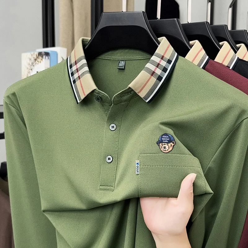 Men's Long Sleeve Polo Shirt Check Collar Teddy Bear Embroidery Pocket Button Casual Business Autumn Spring Polo Tops Men Top