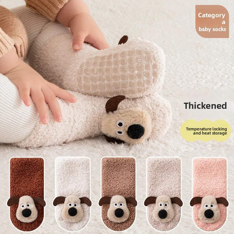 Baby Winter Thermal Socks 2 Pairs Ultra Soft Plush Half-Sided Puppy Anti-Slip Floor Socks for Newborns Crawling Toddlers