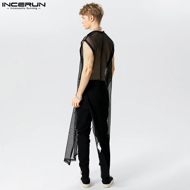 Stylish Casual Style Tops INCERUN Men\'s Sexy See-through Mesh Long-style Tank Tops Male V-neck Strap Sleeveless Thin Vests S-5XL