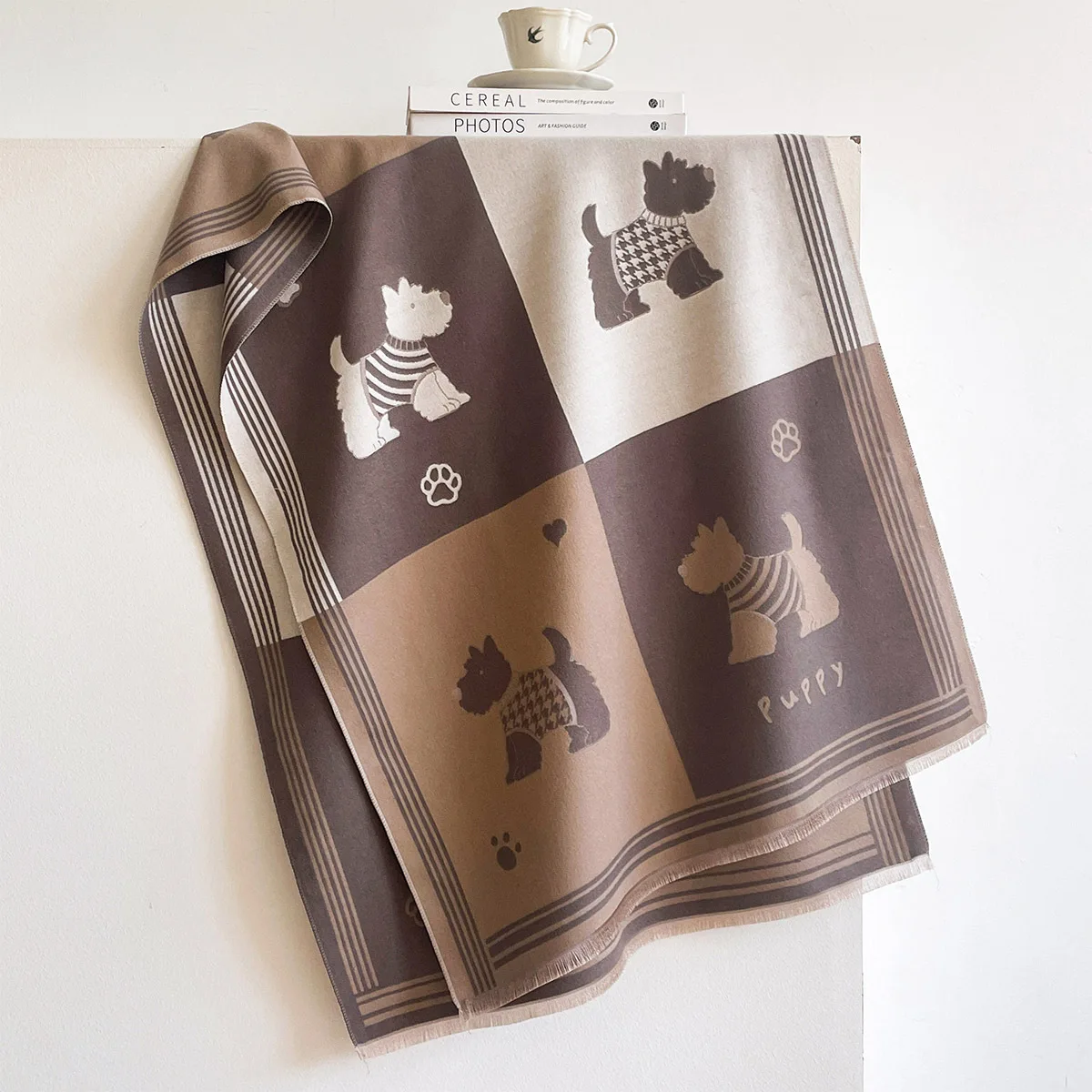 Winter High Grade Faux Cashmere Shawl Women Coffee Cream Vintage Cute Scottie Dog Motif Thick Cozy Warm Large Wrap Scarf