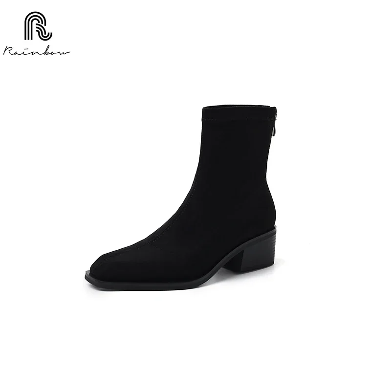 RAINBOW 34-42 suede Autumn Winter fashion Shoes Women Square toe Ankle Boots Retro Zipper Simple Temperament Work Lady commute