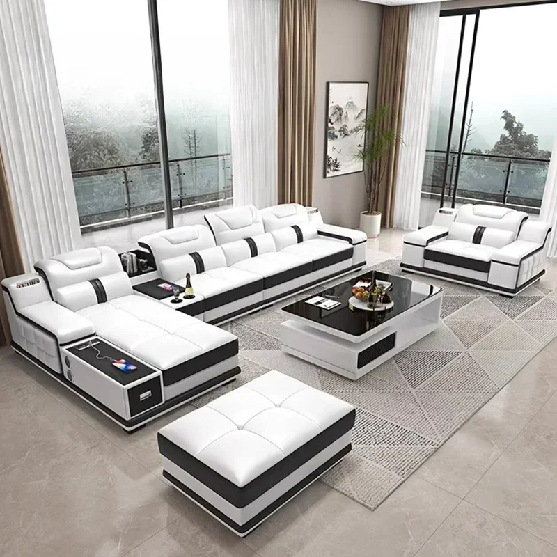 

With Bluetooth Speaker And USB Ports Cow Leather Divano Living Room Furniture Luxury Italian Genuine Leather Sectional Sofa Set