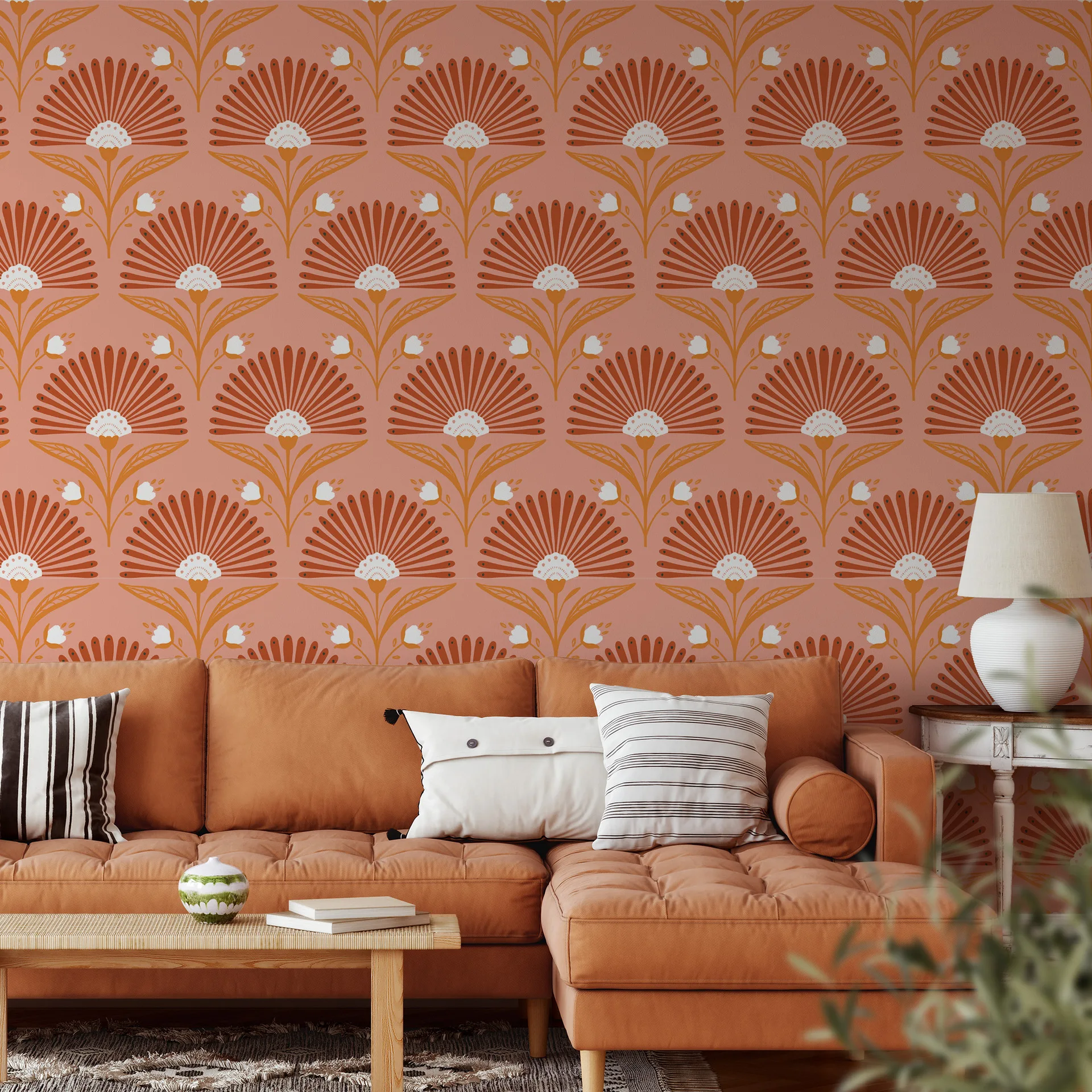 Modern Fan Shaped Floral Peel and Stick Wallpaper Vintage Orange Geometric Self Adhesive Wall Paper Removable Contact Paper