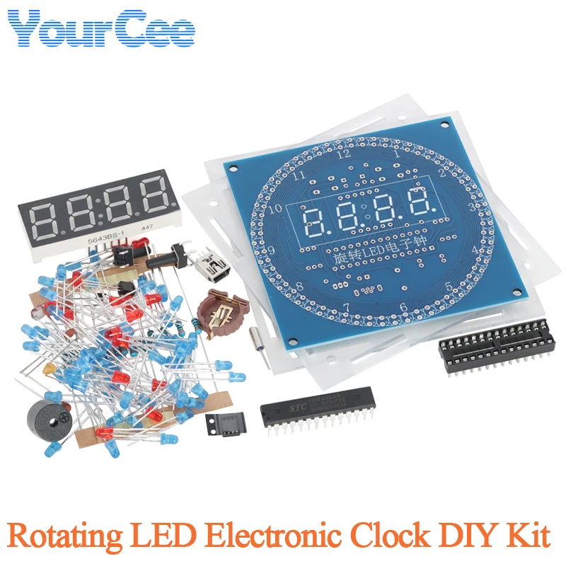 Rotating Electronic Clock DIY Kit LED Display Alarm Case Shell Light Control Temperature DS1302 C8051 MCU Module STC15W408AS