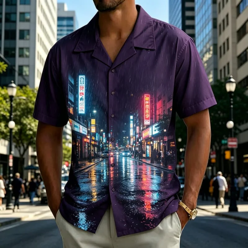 Men's Urban Landscape Print Shirt， for Evening Strolls, Brunch Dates, Urban Events and Relaxed Daily Casual Wear