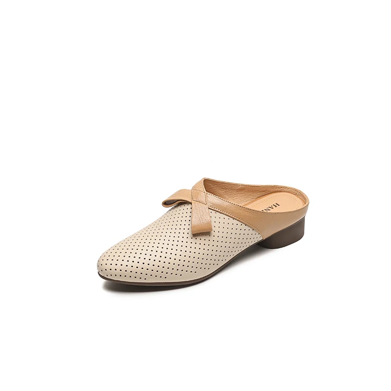 

Elegant Women Closed Toe Mules 4cm Block Heel Genuine Leather Sandals with Bow & Perforations Nude Beige
