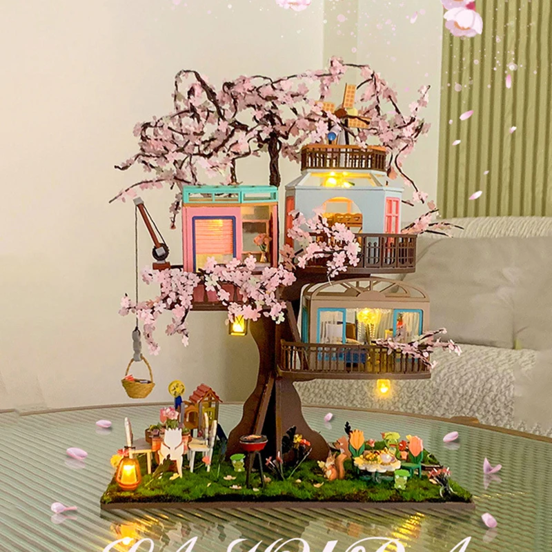 New Wooden Doll House Miniature With Furniture Kit Cherry Tree House Model Kit DIY Assembly Toys Children Christmas Gift Casa