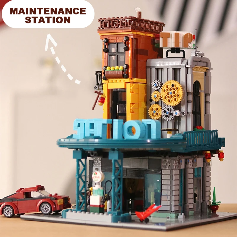 1859PCS Vintage Service Station Building Blocks Retro Gas Station Modular City Street View Construction Bricks Toy Adult Gift