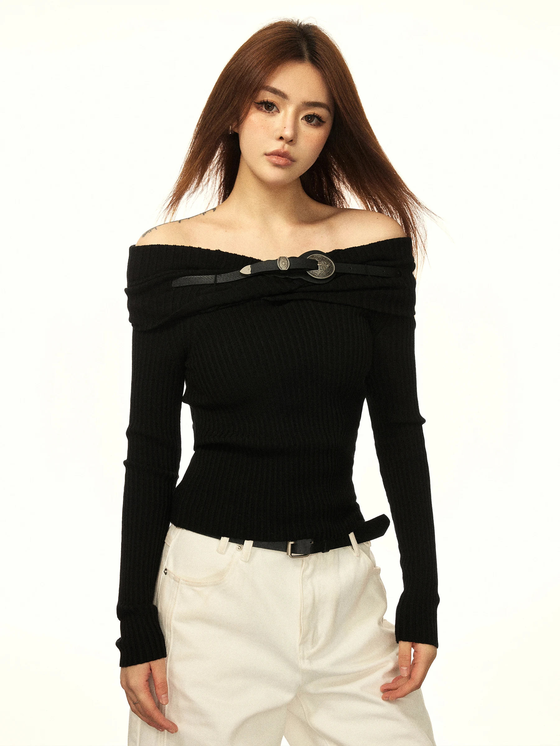 

Aaisup сексуальный вязаный свитер Long Sve oulder с колючками, женский облегающий топ в корейском стиле Bla на весну и осень