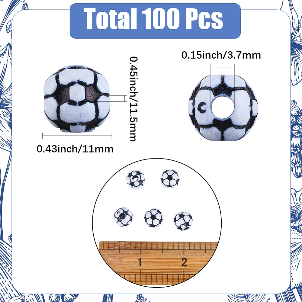100Pcs Acrylic Soccer Ball Bead Round Sports Beads Bulk 11.5mm Big Five Football Leagues in Europe Balls Shaped Loose Spacers