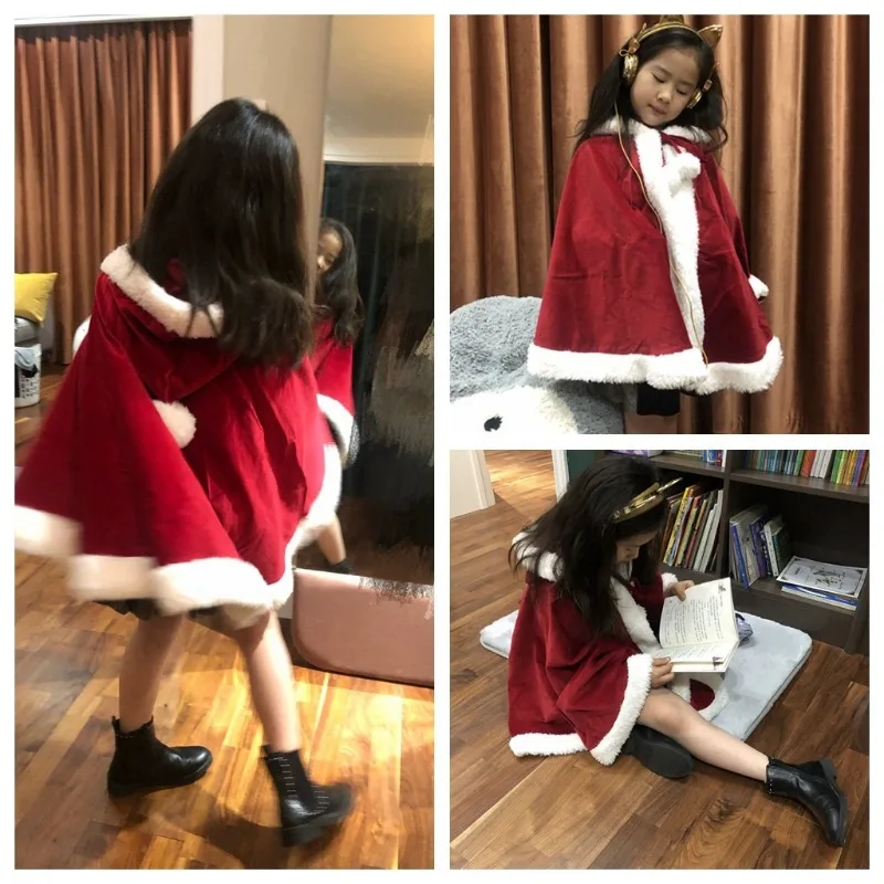 New Year Cloak Christmas Party Outfits Xmas Velvet Hooded Cape Little Red Hat Ancient Chinese COS Outfits Girls Kids Children