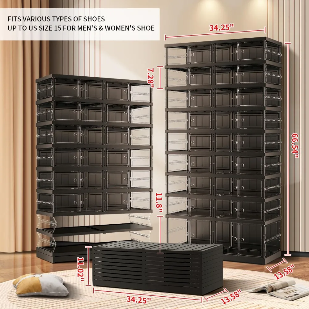 9-Tier Foldable Shoe Rack for Entryway 18-36Pairs,Stackable Clear Shoes Storage Boxes Organizer with Door Plastic Shoe Cabinet