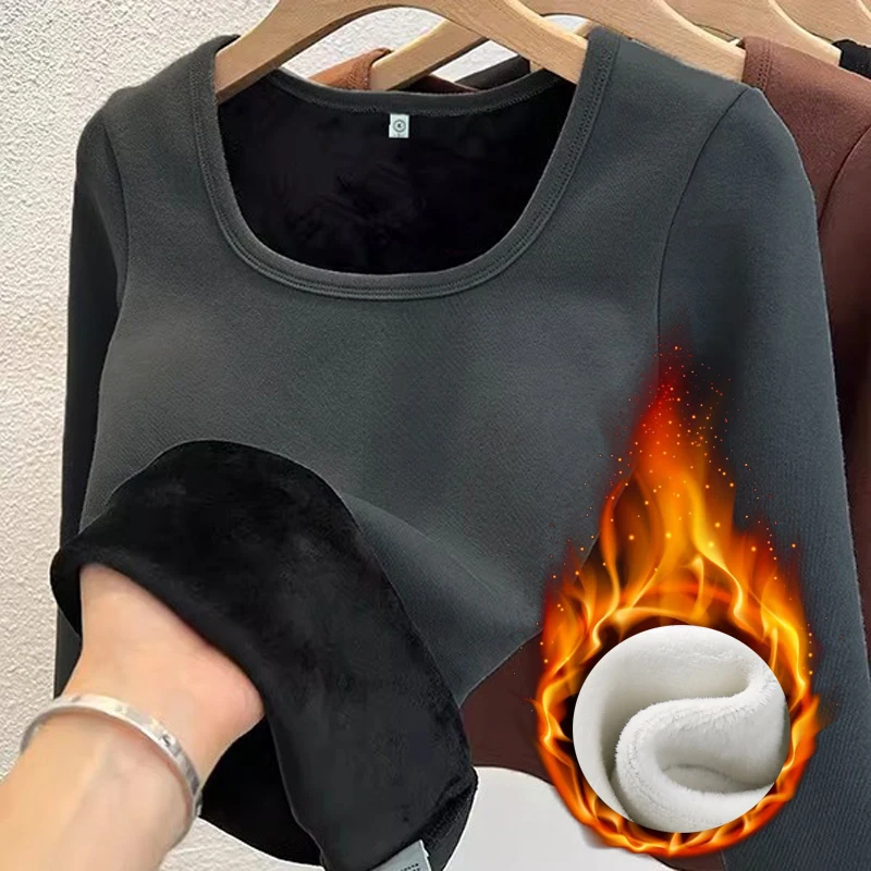 Dámský top s dlouhým rukávem, termoprádlo, topy s čtvercovým límcem, fleecový základní svetr, módní termo tričko, zimní oblečení pro ženy - náhled 6