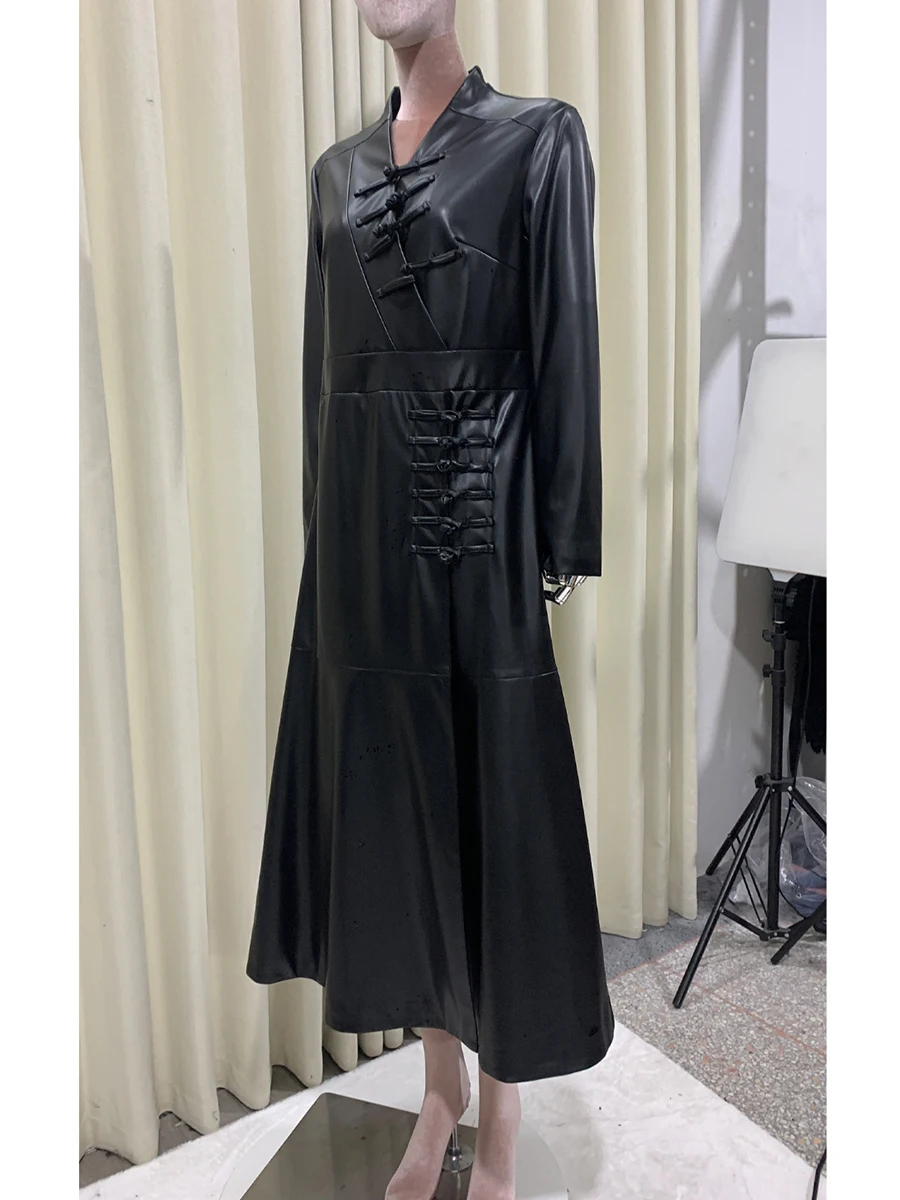 Spring Autumn Extra Long Black Fitted Soft Faux Leather Coat Women V Neck Elegant Stylish Luxury Designer Chinese Style Fashion