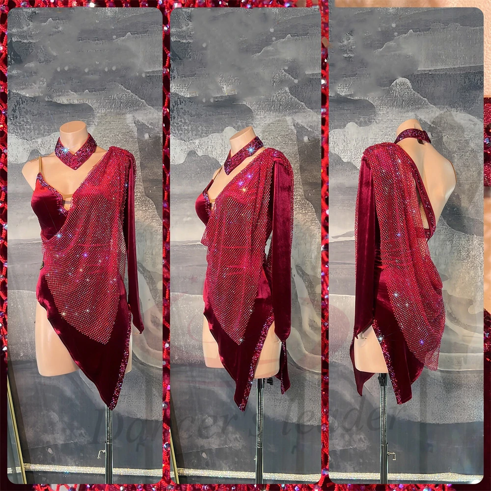 

Латинские танцы AB Stone Женское, взрослое, детское, элитное, красное, бархатное, с ромбовидной сеткой, черное платье для самбы в бассейне