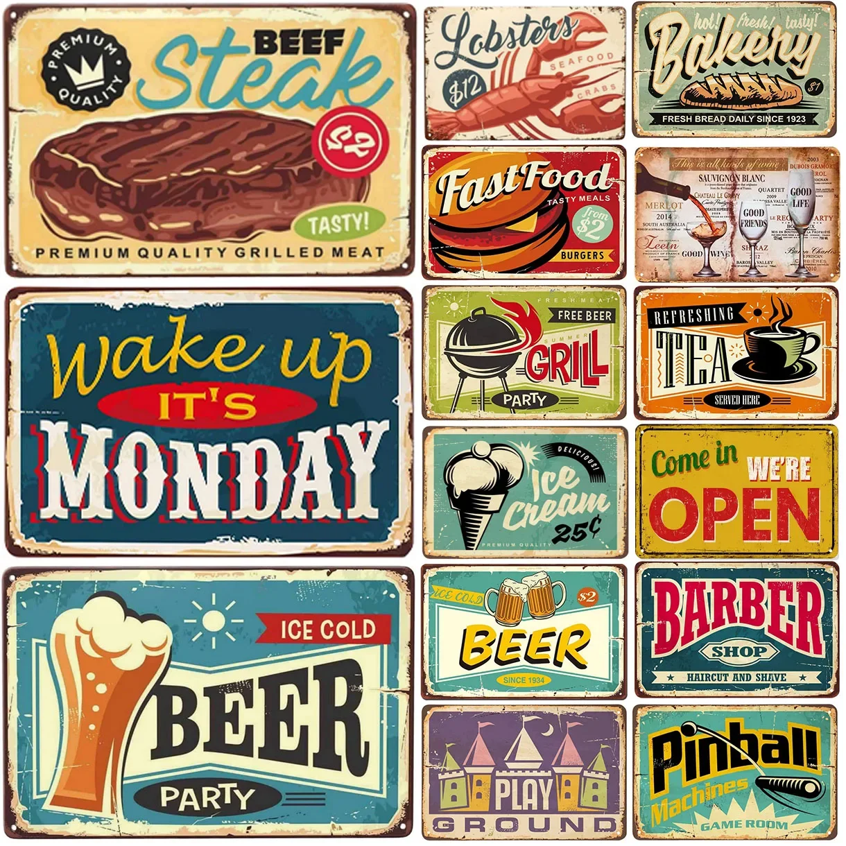 Plaque Metal Tin Signs Steak Beer Tea Wall Decoration Vintage Art Posters Iron Painting for Man Cave Home Cafe Garden Club Bar