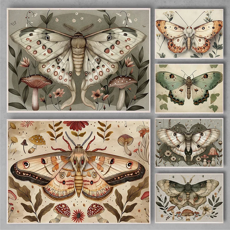 Boho Vintage Butterfly Prints Moody Botanical and Insect Wall Decor Floral Printable Posters Woodland Moth Cottagecore Artwork