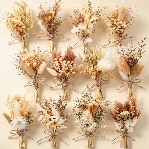12Pcs Natural Real Mini Dried Flower Bouquets Sets with Jute Rope Small Boho Rustic Wedding Bunch for Bridesmaid Bridal Shower Boutonniere Home Decor Bud Vase Filler Fall Thanksgiving Christmas Gift Anniversary Flores Secas Naturales