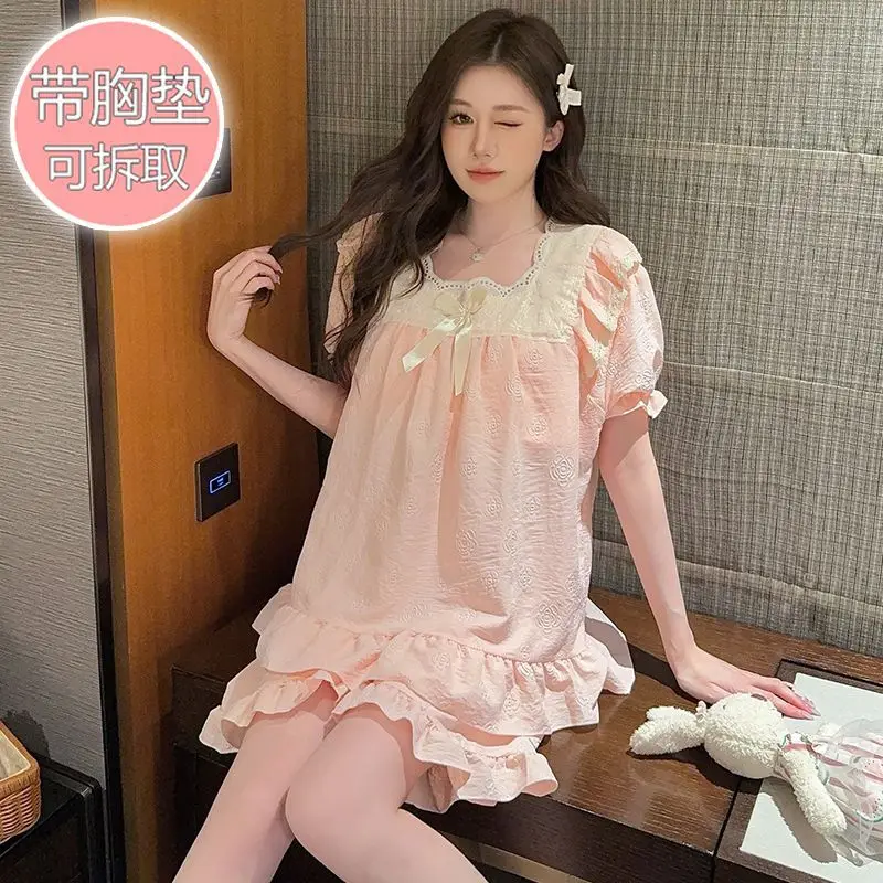 

M-5XL Plus Size Women 2-Piece Pajamas Big Homewear with Chest Pads Cloud Cotton Loose Sleepwear Korean Sweet Ladies Leisurewear