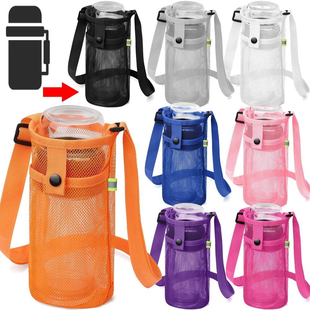 Sport Water Bottle Cover Mobile Phone Bag Camping Accessories Mesh Cup Sleeve Pouch Portable Visible Bags With Shoulder Straps