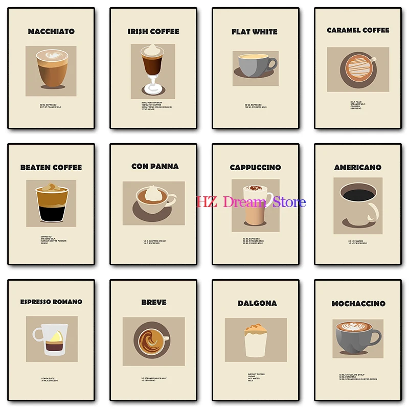 Espresso Machiato Caramel Coffee Ingredient Guides Poster Prints Canvas Painting Wall Art Picture Drinks Shop Cafe Home Decor