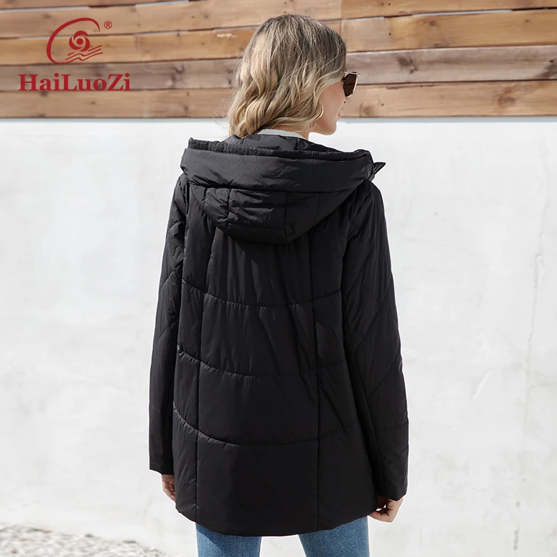 HaiLuoZi 2023 New Design Spring Women Jacket Mid-Long Side Pockets Casual Female Quilted Parkas Hooded Zipper Women\'s Coat 3361