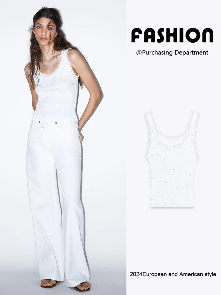 

Summer New Arrival Women's Slim Fit T-irt with Lace Knot Decorated Ribbed Knitwear Commute Sle Svel