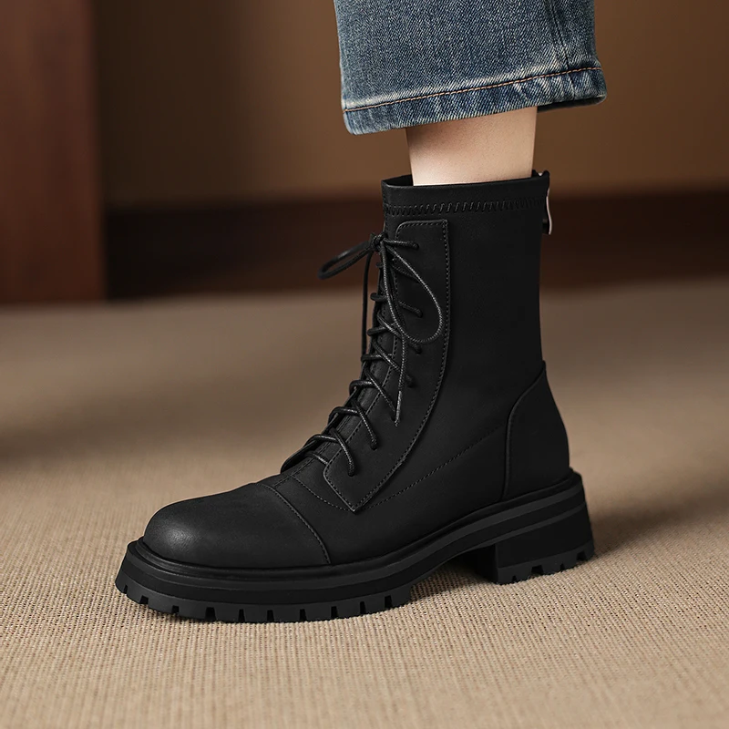2026 new autumn winter women ankle boots natural leather plus size 22-26cm cowhide lace-up thick heel back zip platform boots