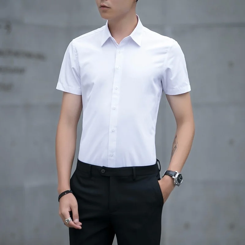 Summer Men\'s Slim Fitting Business Work Shirt Casual Handsome Turndown Collar Short Sleeve Shirts For Men Soild Blouses