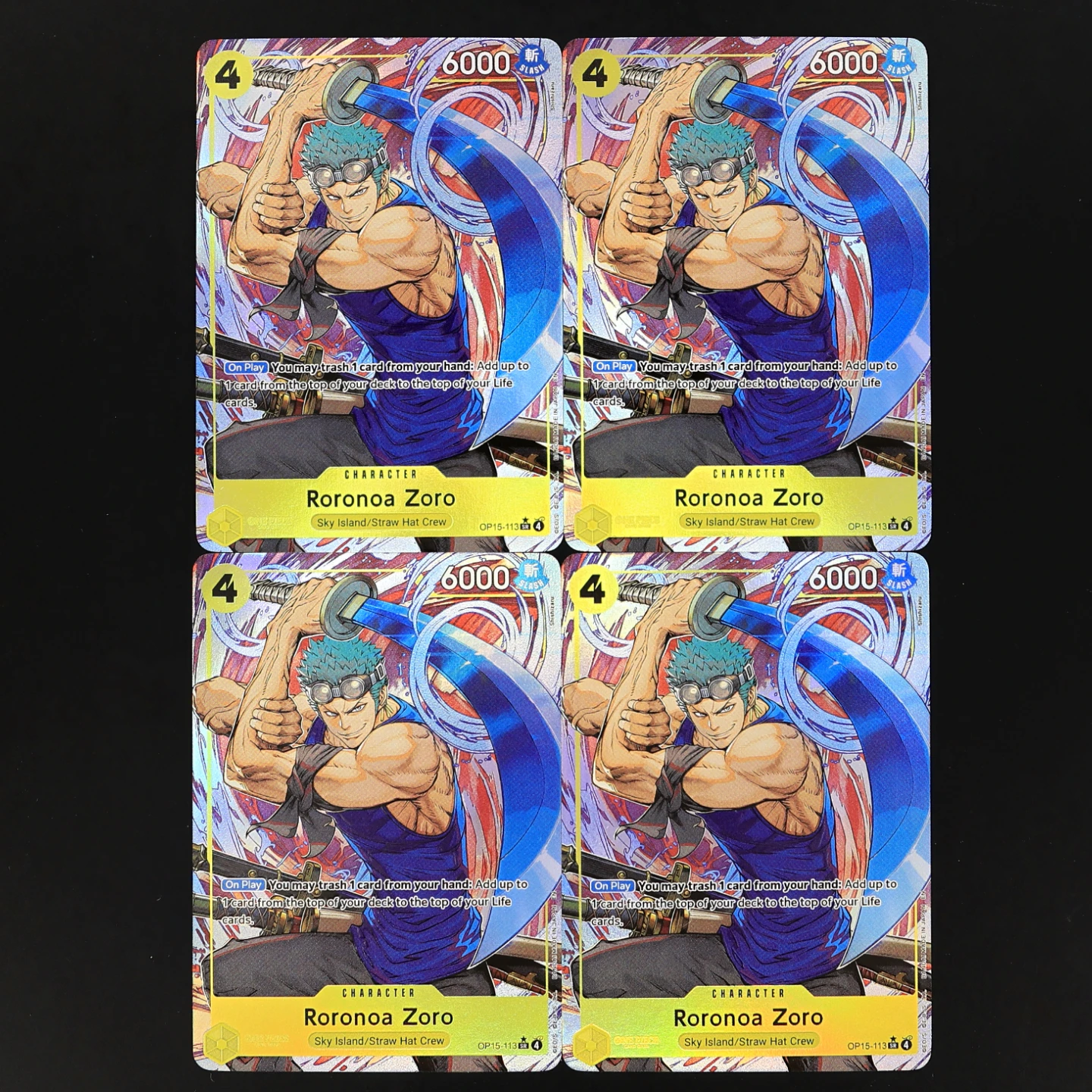 One Piece TCG OPCG Inglés OP15-113 Zoro SR Playset 4 Cost Yellow Zoro Tarjeta de Foil Texturizada Anime Cartas Coleccionables